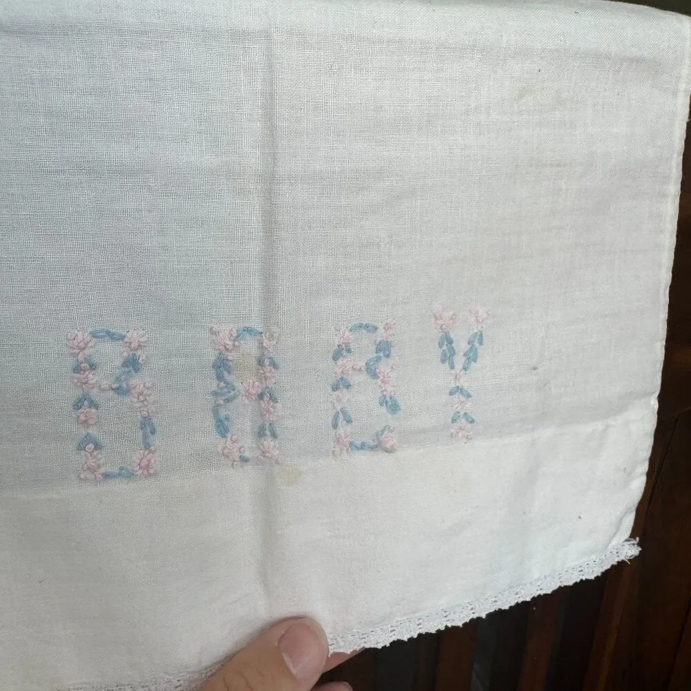 VTG Hand Embroidered Baby Pillowcase Monogrammed White Floral blue and pink